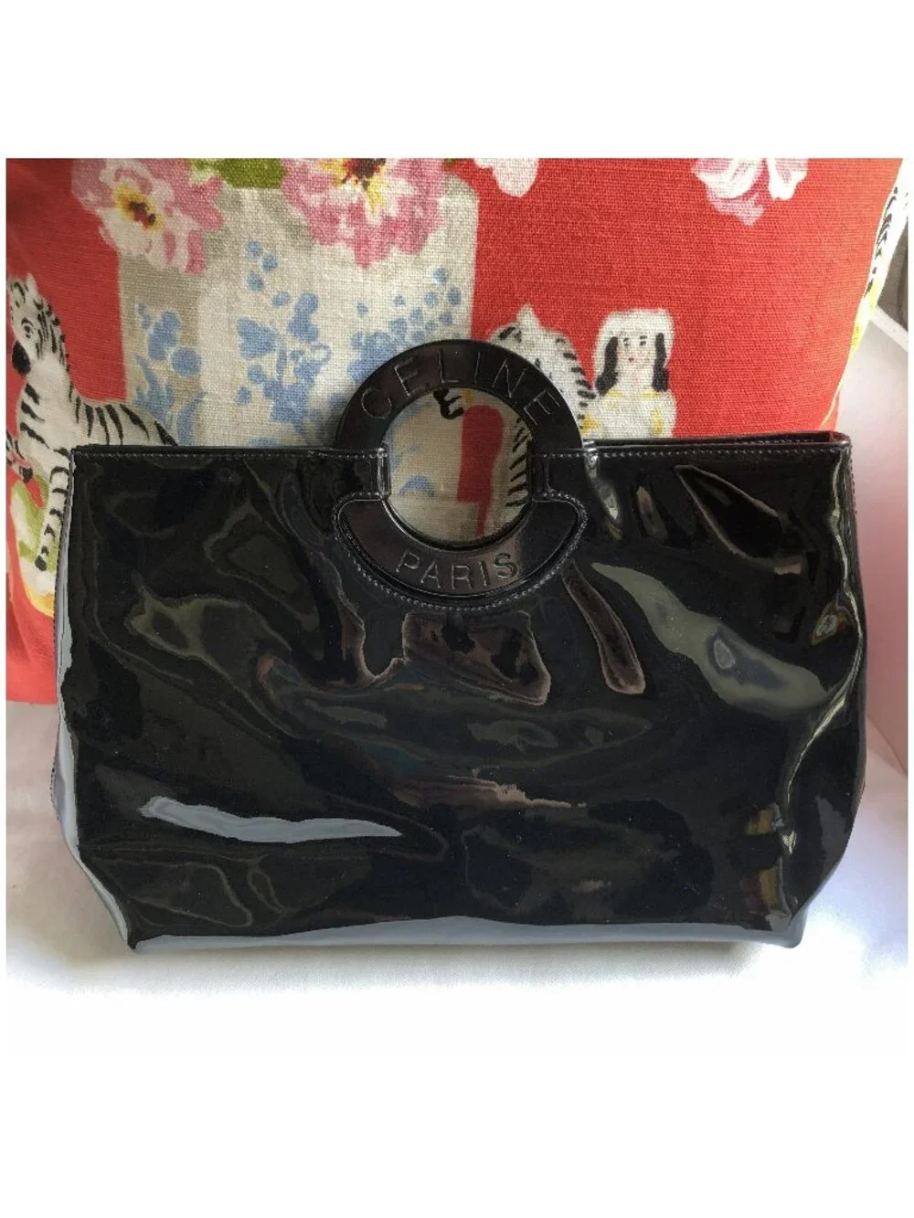 CELINE Black Patent Leather Circle Handbag Clutch Tote - Picture 2 of 10